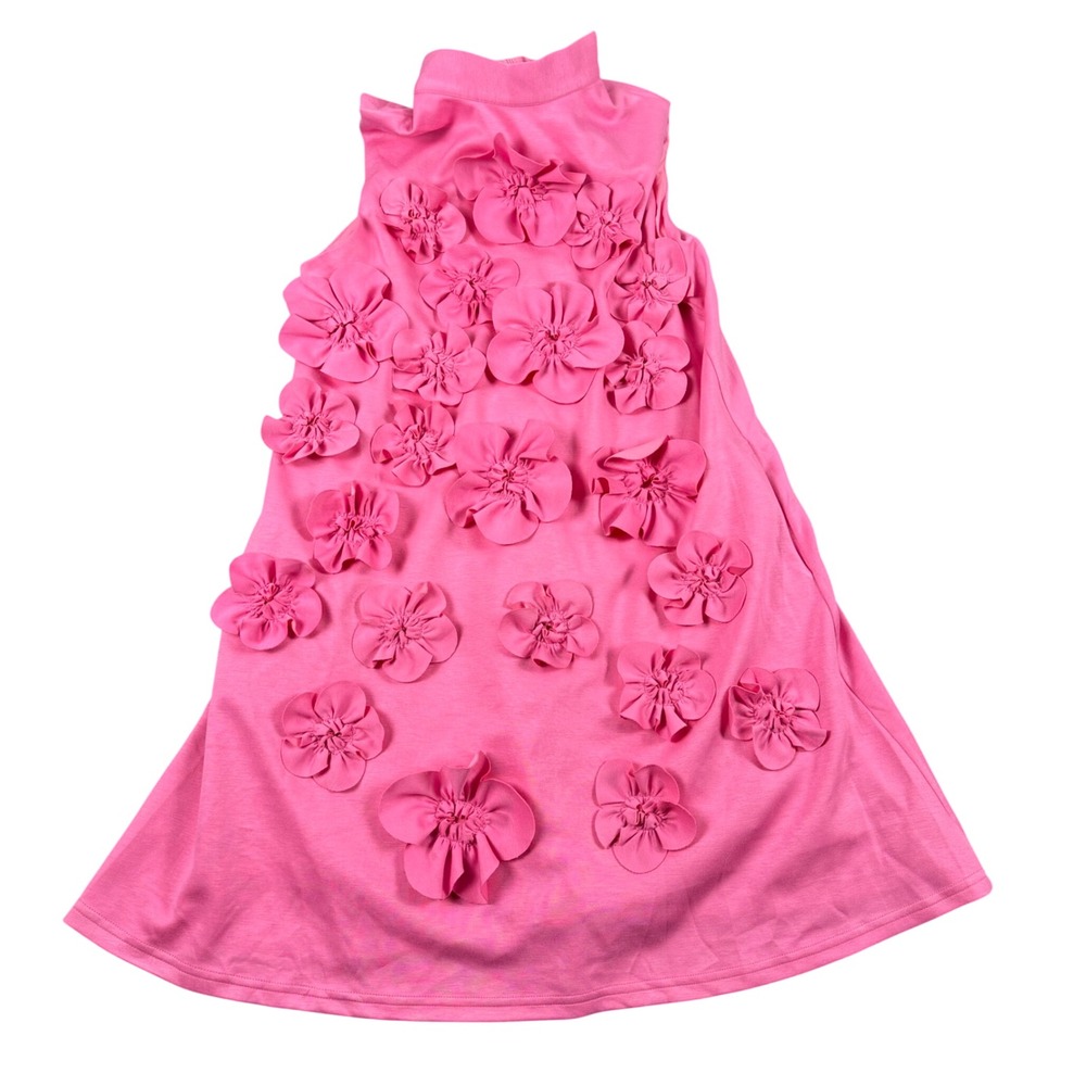 Mew Mews Pink 3D Floral Applique Mock Neck Mini Dress Sleeveless Bow Back Size M